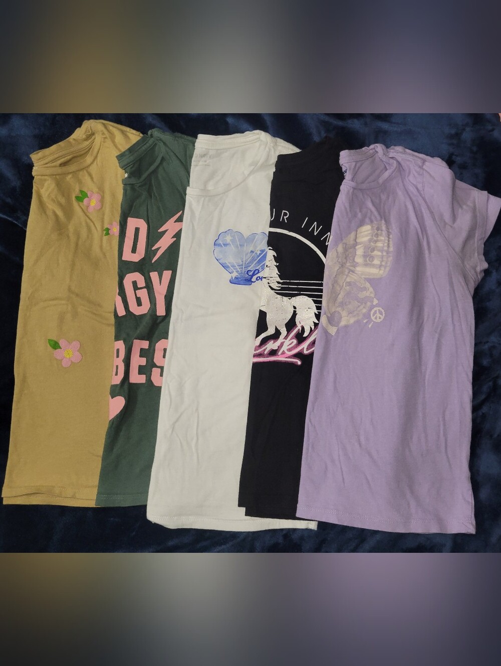 Girls' Mixed Graphic Tee Pack - White, Black, Lavender, Green, Mustard